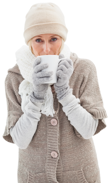 Elderly Woman in Winter Outfit Savoring Hot Drink on Transparent Background - Download Free Stock Videos Pikwizard.com