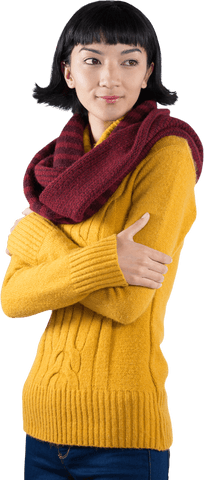 Stylish woman in cozy yellow sweater and red scarf transparent background