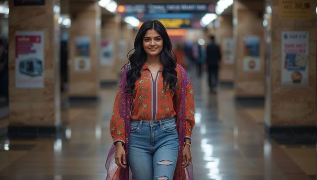 Confident South Asian Woman Walking in Urban Train Station