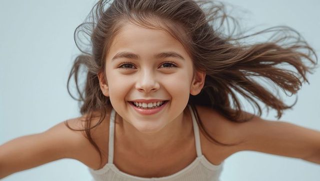 Smiling preteen girl facing camera with windblown hair and bright joyful expression