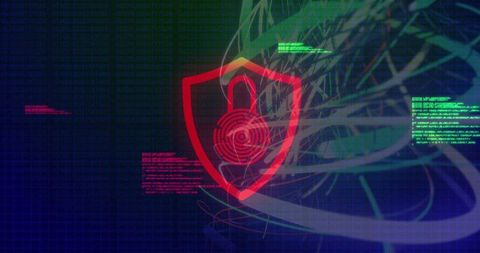 Red Shield Padlock Guarding Digital Data with Target Rings on Neon Cybersecurity Interface