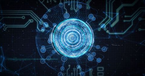 Futuristic holographic interface with network nodes and grid