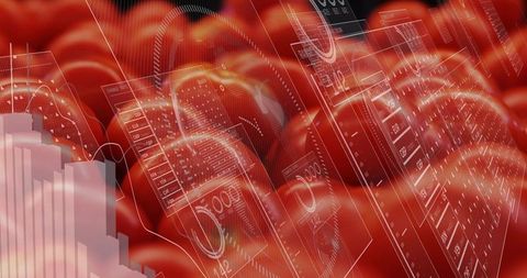 Flowing red data waves displaying holographic hud panels and futuristic finance analytics