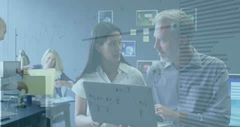 Colleagues Analyzing Data with Infographic Interface Overlay