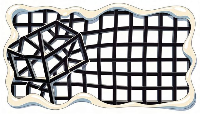 Abstract 3d polyhedron weaving through black lattice grid with wavy cream frame