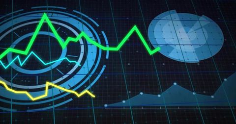 Neon Financial Dashboard Showing Dynamic Line Charts, Radial HUD, Area Chart and Market Analytics