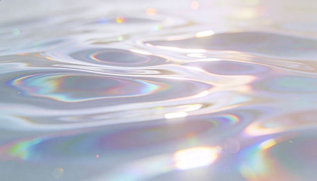 Iridescent liquid surface with pastel ripples, prismatic light reflections, bokeh glow