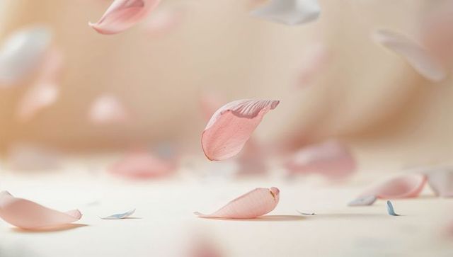 Drifting pale pink petal floating over soft beige surface with pastel bokeh and macro