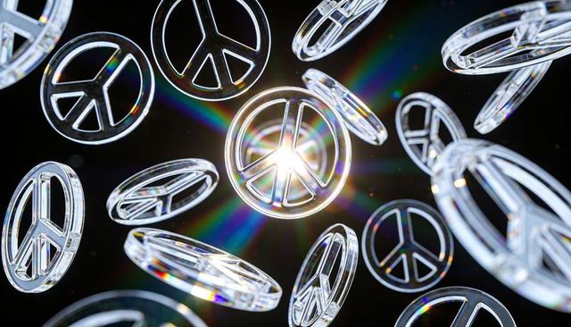 Floating crystal peace symbols casting prismatic rainbows, iridescent halos, radiant lens flares