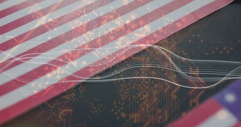 USA Flag with Digital Circuit Overlay Illustrating Modern Innovation