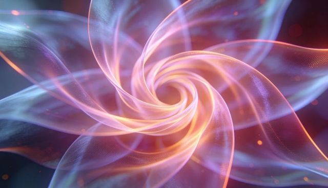 Luminous swirling ribbon spiral abstract light tunnel glowing mesh particles motion