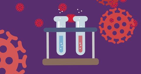 Test Tubes with Virus Cells on Purple Background Represents Medical Research