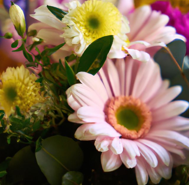 Image of close up of bouquet of fresh multi coloured flowers. Flowers, plants, colour and nature concept.