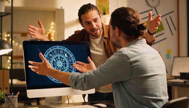 Designers collaborating over zodiac chart on desktop monitor in modern creative workspace