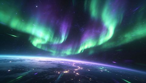 Arching green and purple aurora dancing above earth horizon with glowing city lights