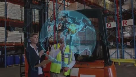 Warehouse Supervisor activates Holographic Globe atop Forklift