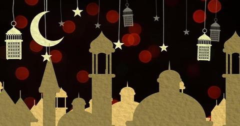 Ramadan Celebration with Moon and Mosque Silhouettes against Red Bokeh - Download Free Stock Images Pikwizard.com