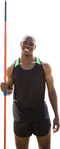 Athletic african american man holding javelin on transparent background