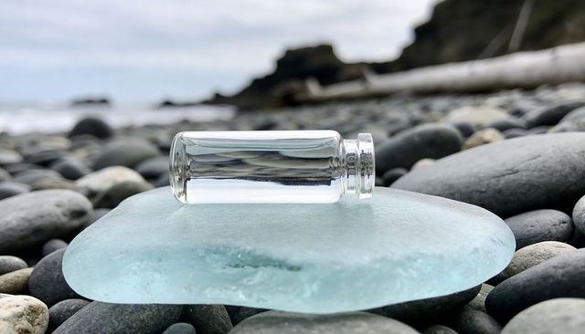 Clear glass vial resting on frosted aqua sea glass on rocky pebble beach