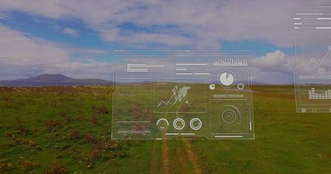 Futuristic HUD Over Green Landscape Showcasing Data Visualization