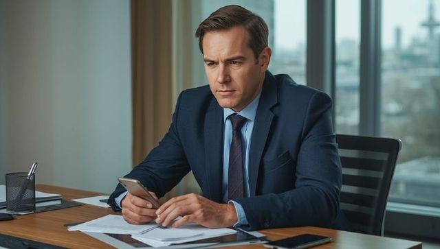 Businessman Analyzing Data on Smartphone at Office Desk