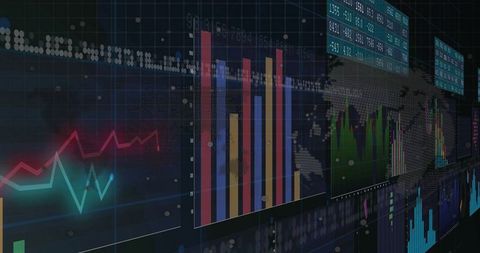 Curved Dark Dashboard Visualizing Global Market Data with Neon Line Graphs and Tickers