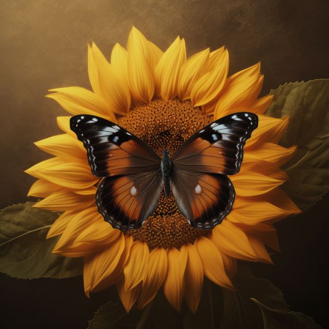 Ideal for nature-themed projects, this image captures the beauty and contrast of a black and orange butterfly resting on a bright sunflower. Perfect for educational materials about butterflies and pollination, gardening blogs, and nature conservation campaigns.