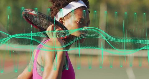 Outdoor Tennis Player with Digital Waveform Overlay in Action
