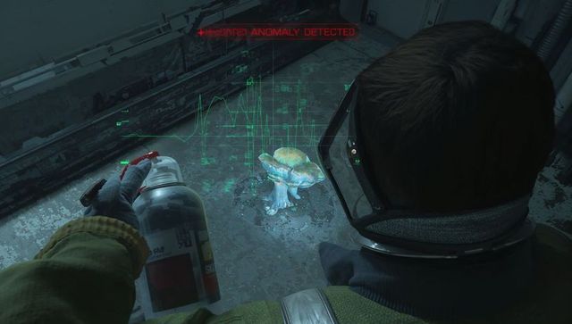 Hazmat technician examining bioluminescent fungus with holographic diagnostic overlay