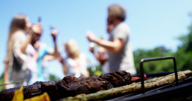 Group of friends chatting and enjoying drinks at a summer barbecue outdoors. Grilled meats are seen in the foreground, with vibrant, clear weather. Perfect for use in articles or advertisements promoting summer activities, social gatherings, barbecues, outdoor cooking, and warm weather celebrations.