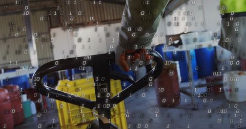Warehouse Worker Operating Pallet Jack with Digital Overlay