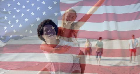American Friends Enjoying Beach Day with Flag Overlay