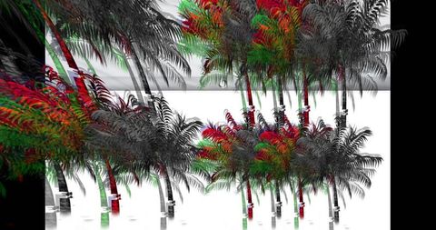 Glitch art palm trees on white background