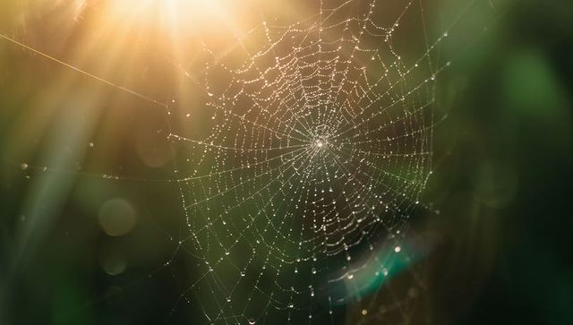 Glistening spider web in sunlit dew