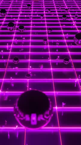 Falling Metallic Spheres on Neon Purple Grid, Drifting Droplets and Sparks, Vertical Loop
