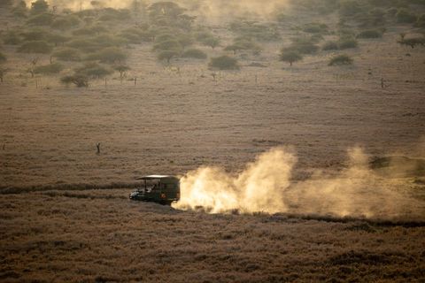 Safari jeep on dusty african plain during sunset