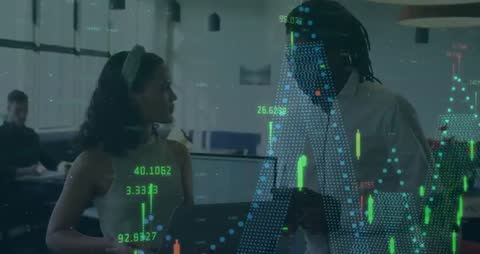 Professionals Analyzing Financial Data with Dynamic Graphs in Office