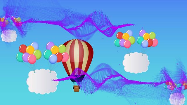 Digital art depicts a whimsical scene with a colorful hot air balloon and floating balloon clusters linked to fluffy clouds, all set in a bright blue sky with abstract wave patterns. This imaginative illustration evokes a sense of playful adventure and festive joy. Ideal for use in children's books, digital art collections, backgrounds for creative projects, and in promotional materials to communicate excitement and creativity.