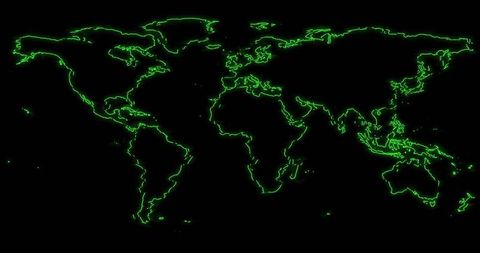 Glowing Digital World Map Over Black Background