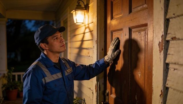 Evening maintenance technician inspecting wooden front door on porch under lantern light
