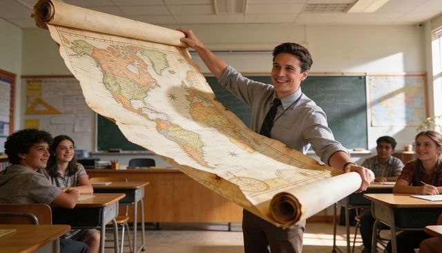 Unrolling antique world map in classroom during engaging geography lesson
