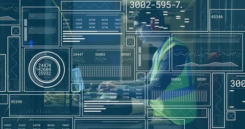 Technician Analyzing Digital Data Layers in Futuristic Warehouse
