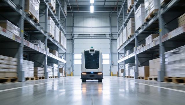 Autonomous mobile robot navigating warehouse aisle with pallet racks and boxes