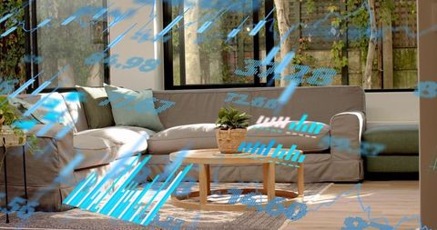 Modern living room featuring grey l-shaped sectional, coffee table and blue data overlay