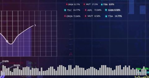 Financial dashboard displaying line chart, grid overlay and bar histogram on dark purple-blue interf