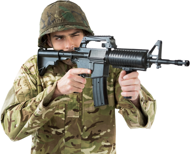 Transparent image of soldier aiming rifle in camouflage uniform - Download Free Stock Videos Pikwizard.com