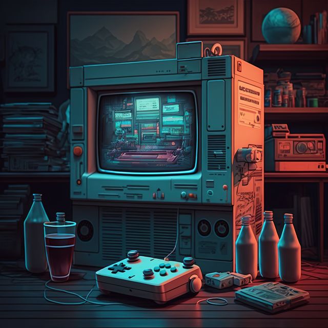 Retro gaming console and pad in room, created using generative ai technology. Retro video game and home entertainment concept digitally generated image.