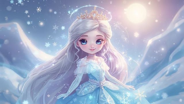 Moonlit snow princess wearing golden tiara and snowflake gown, magical winter fantasy