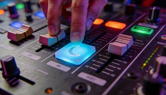 Pressing Neon Crescent Pad on DJ Mixer Console, Manipulating Faders and LED Controls