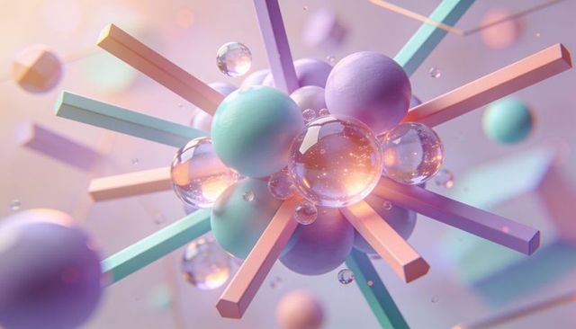 Glowing pastel molecule sculpture featuring mint spheres, glass bubbles and peach rods